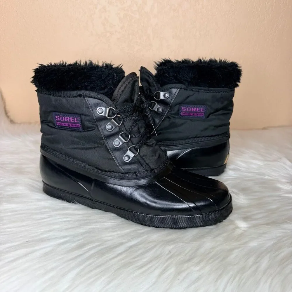 Sorel Kaufman Canada Snow Boots Winter Faux Fur Trim Black Size Y6/W8